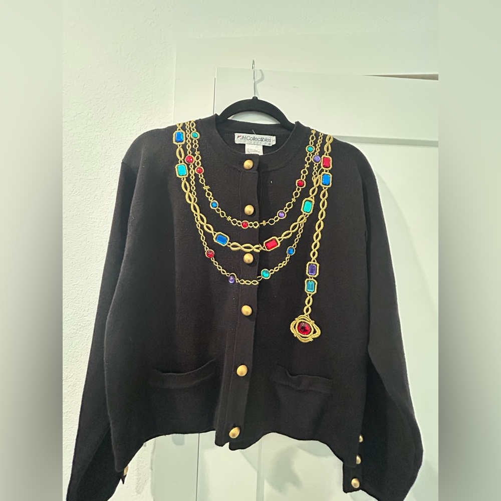Black Crewneck Cardigan with Gold Chain & Jewel Print